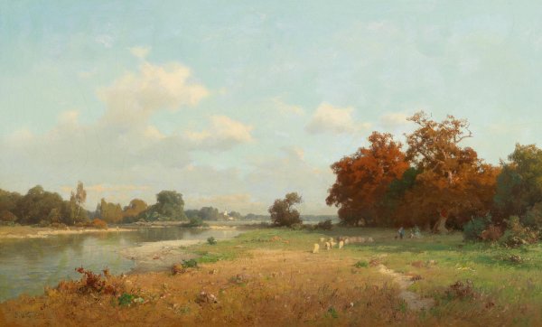 Main Product Photo of Landschaft mit Schafen Painting by Josef Willroider