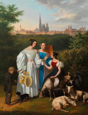 Genreszene auf dem Glacis mit Spaziergangerin, Ziegenhirtin und Lottolosverkaufer mit Wien im Hintergrund by Josef Ziegler Oil Painting