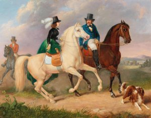 Riding Out with Lady in a Green Skirt by Josef Ziegler Oil Painting
