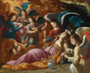 The Penitent Magdalene Comforted By Angels by Josefa De Ayala E Cabrera Oil Painting