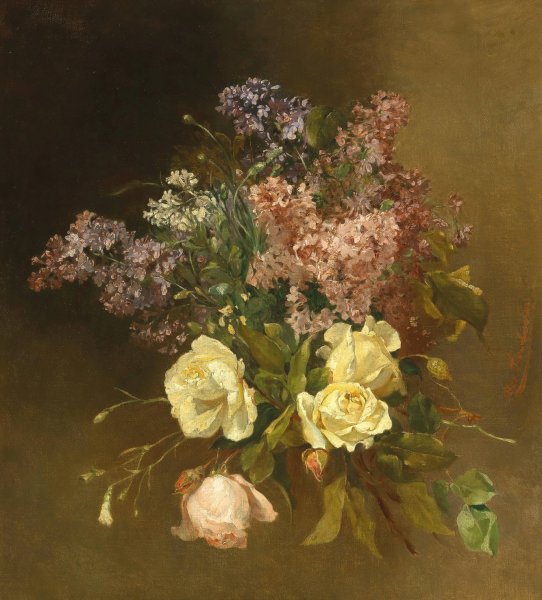 A Bouquet of Flowers with Lilacs and Roses by Josefine Swoboda - Hand-Painted Oil Painting Reproduction