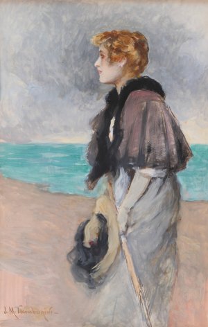 Young Girl with a Hat by Josep Maria Tamburini I Dalmau Oil Painting