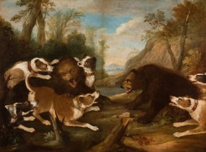 Dogs Fighting with Bears by Joseph Anton Harzath Oil Painting