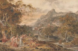 View of Vietri with Young Country Women Dancing for Shepherds in the Foreground by Joseph Anton Koch Oil Painting