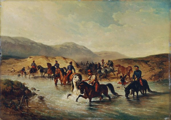 Franz Osische Kavallerie in der Pferdeschwemme  by Joseph Anton Strassgschwandtner - Hand-Painted Oil Painting Reproduction