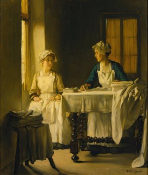 Interior With Two Women Folding Sheets by Joseph Bail Oil Painting