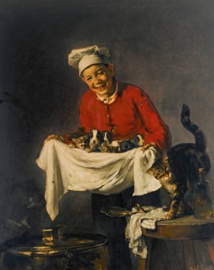 Jeune Commis Avec Chiots Et Chatons by Joseph Bail Oil Painting