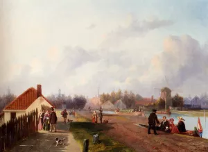 Elegant Company Leaving A Ferry On The Trekvliet, Voorburg painting by Joseph Bles