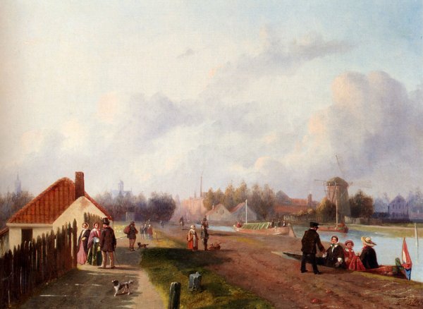 Elegant Company Leaving A Ferry On The Trekvliet, Voorburg by Joseph Bles - Hand-Painted Oil Painting Reproduction