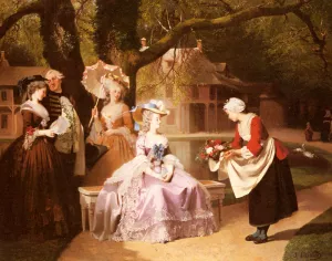 Marie Antoinette and Louis XVI in the Garden of the Tuileries with Madame Lambale by Joseph Caraud - Oil Painting Reproduction