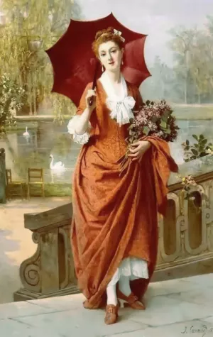 The Red Parasol by Joseph Caraud Oil Painting