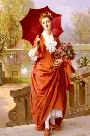 The Red Parasol by Joseph Caraud - Oil Painting Reproduction