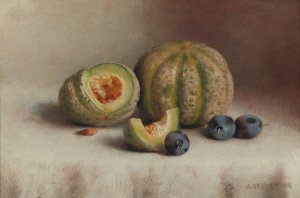 Still Life With Plums And Melons by Joseph Decker Oil Painting