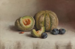 Still Life With Plums And Melons by Joseph Decker Oil Painting