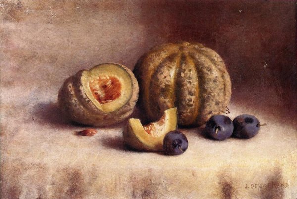 Main Product Photo of Still Life with Plums and Melons Painting by Joseph Decker