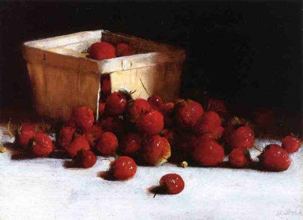 Main Product Photo of Still Life with Strawberries and Ostrich Egg Cup Painting by Joseph Decker