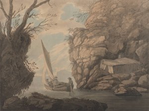 A Sailing Dinghy with Three Men Leaving a Rocky Inlet by Joseph Farington Oil Painting
