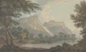Lodore Rocks, fall and cottage - distance by Joseph Farington Oil Painting