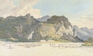 Lodore Rocks, fall and cottage by Joseph Farington Oil Painting