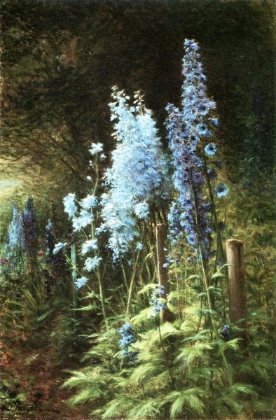 Delphiniums in a Wooded Landscape