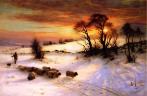 Herding Sheep in a Winter Landscape at Sunset by Joseph Farquharson - Oil Painting Reproduction