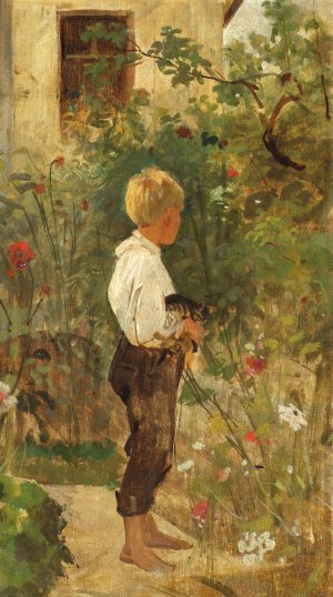 Knabe mit Katze im Garten by Joseph Hasslwander Oil Painting