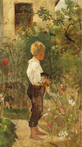 Main Product Photo of Knabe mit Katze im Garten Painting by Joseph Hasslwander