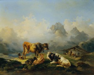 Alm mit Rindern by Joseph Heicke Oil Painting
