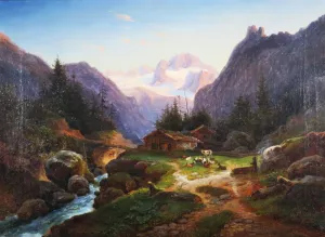 Idylle auf der Alm mit Blick auf den Dachsteingletscher Oil painting by Joseph Heicke