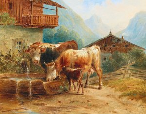 Kuhe An Der Tranke by Joseph Heicke Oil Painting