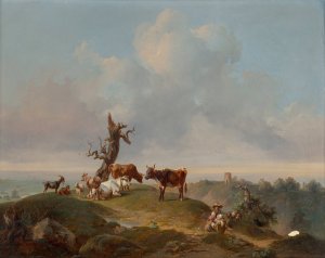 Kuhe und Ziegen auf der Weide by Joseph Heicke Oil Painting