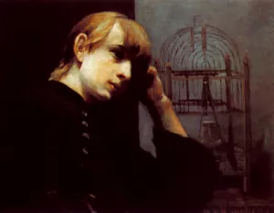 A Dreamy Girl by a Bird Cage by Joseph Jannsens De Waerebeke Oil Painting