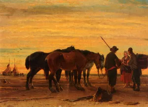 Fishermen With Their Horses On The Beach by Joseph Jodocus Moerenhout - Oil Painting Reproduction
