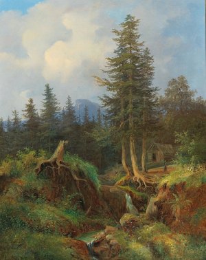 Landscape with Woodland Stream and decorative figures by Joseph Jonas Oil Painting