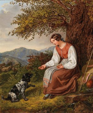 Hirtin bei der Rast mit Hund by Joseph Lavos Oil Painting