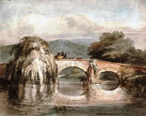 A Coach Crossing a Two-Arched Bridge, with a Weeping Willow