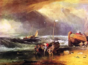 A Coast Scene with Fishermen Hauling a Boat Ashore