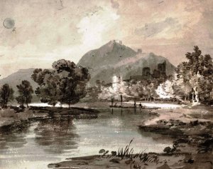 A River with a Ruined Castle Among Trees and a Mountain Beyond