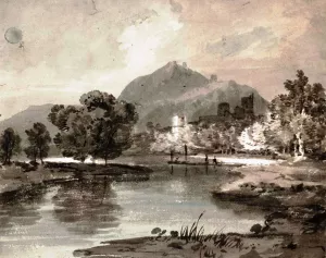 A River with a Ruined Castle Among Trees and a Mountain Beyond by Joseph Mallord William Turner - Oil Painting Reproduction