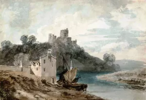 A Ruined Castle above a River, with Boats near a House in the Foreground