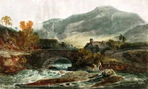 A Single-Arched Stone Bridge and a Cottage, with possibly Aran Fawddwy Behind Oil painting by Joseph Mallord William Turner