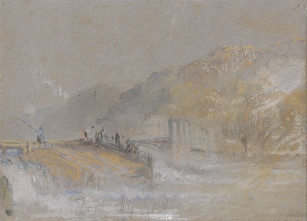 Foul by God: River Landscape with Anglers Fishing From a Weir  by Joseph Mallord William Turner - Hand-Painted Oil Painting Reproduction