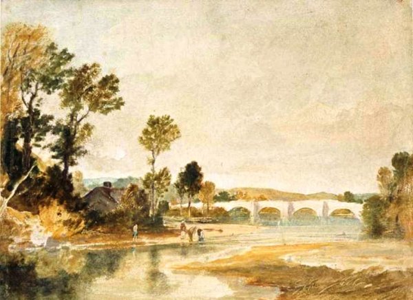 River Scene with a Bridge in the Distance