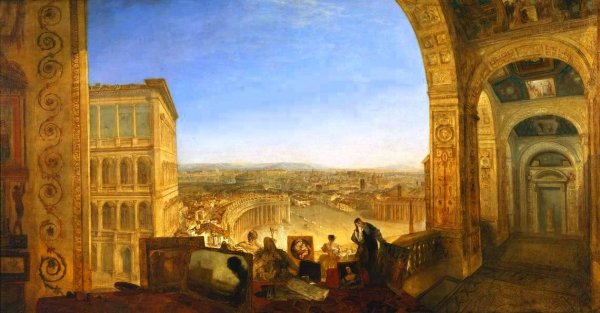 Rome, from the Vatican. Raffaelle, Accompanied by La Fornarina, Preparing His Pictures for the Decor by Joseph Mallord William Turner - Hand-Painted Oil Painting Reproduction