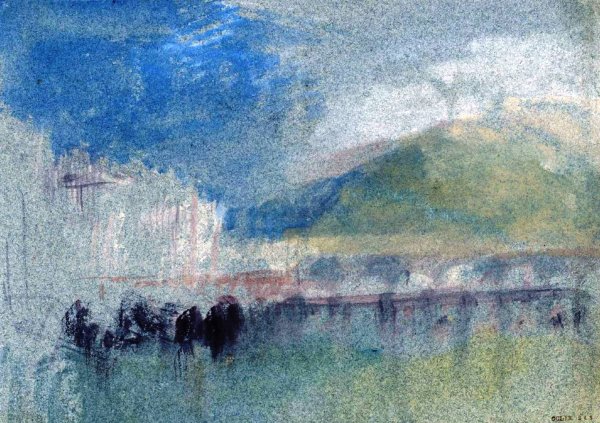 Main Product Photo of Rouen, The Bridge of Boats and the Stone Bridge, with Montagne Ste-Catherine Beyond Painting by Joseph Mallord William Turner
