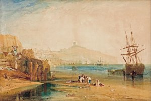 Scarborough town and castle; morning; boys catching crabs Oil painting by Joseph Mallord William Turner