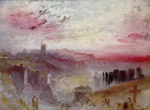 View over Town at Sunset: a Cemetery in the Foreground Oil painting by Joseph Mallord William Turner