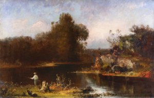 Fisherman on the Riverbank by Joseph Morviller Oil Painting