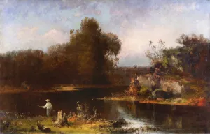 Fisherman on the Riverbank by Joseph Morviller - Oil Painting Reproduction