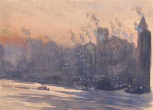 New York City Harbor and Skyline at Night by Joseph Pennell Oil Painting